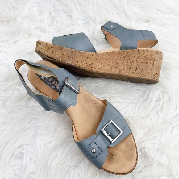 Kork-Ease Blue Leather Platform Wedge Sandals - Picture 1 of 11